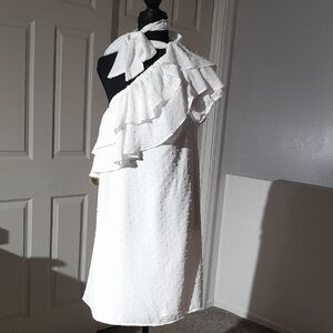 White One-Shoulder Ruffle Shift Dress with Adjustable Straps